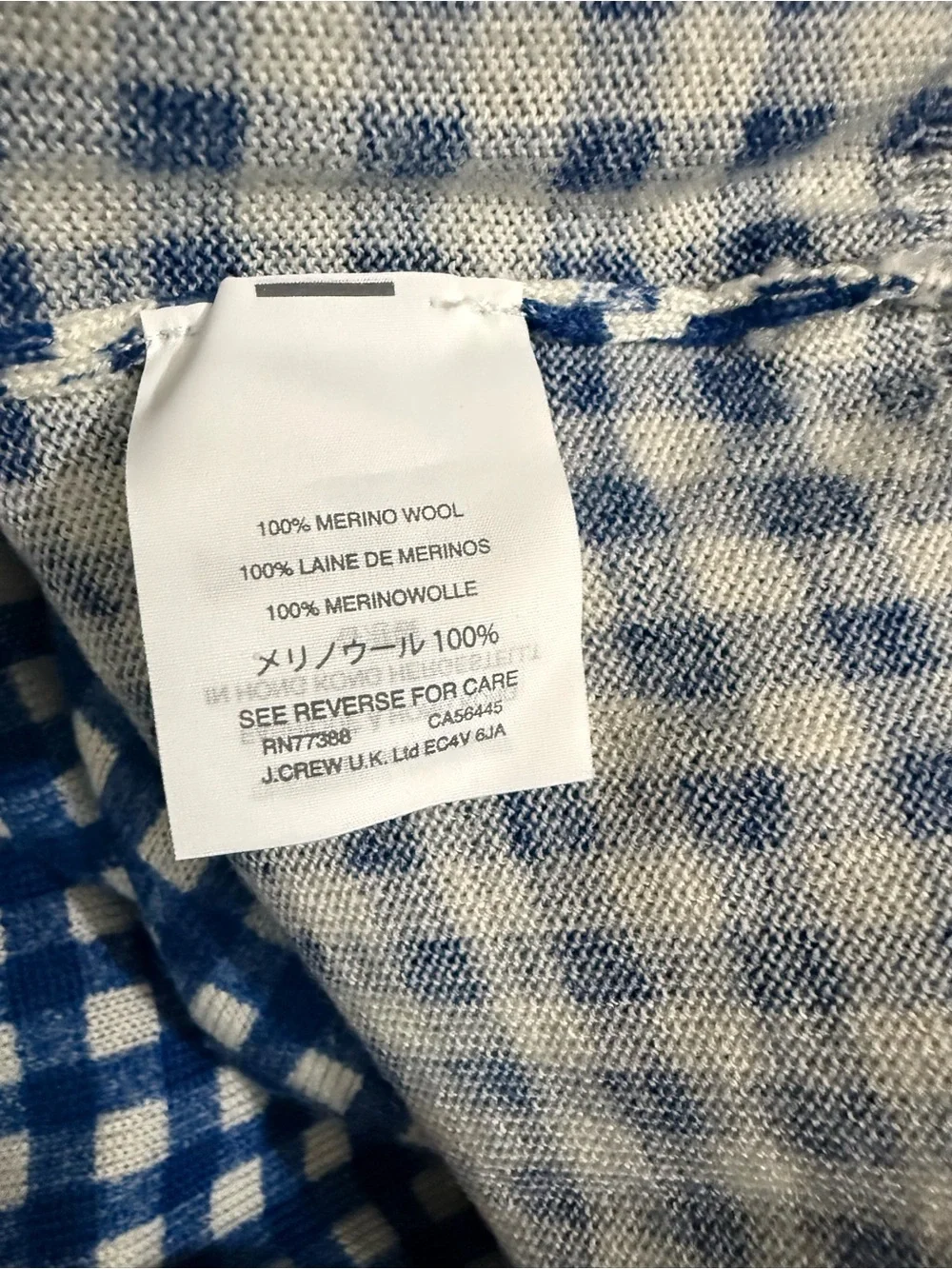 J. Crew Blue and White Gingham Crewneck Sweater
